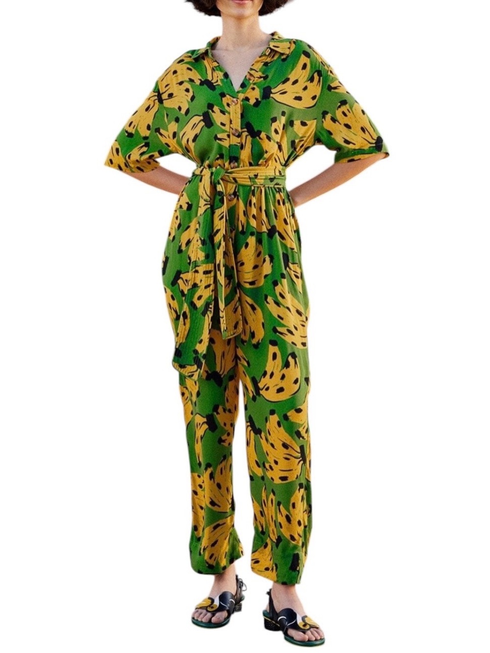 Farm Rio Bossa Banana Jumpsuit Size M Novelty Print Green Tropical Vacation RARE - Picture 1 of 16